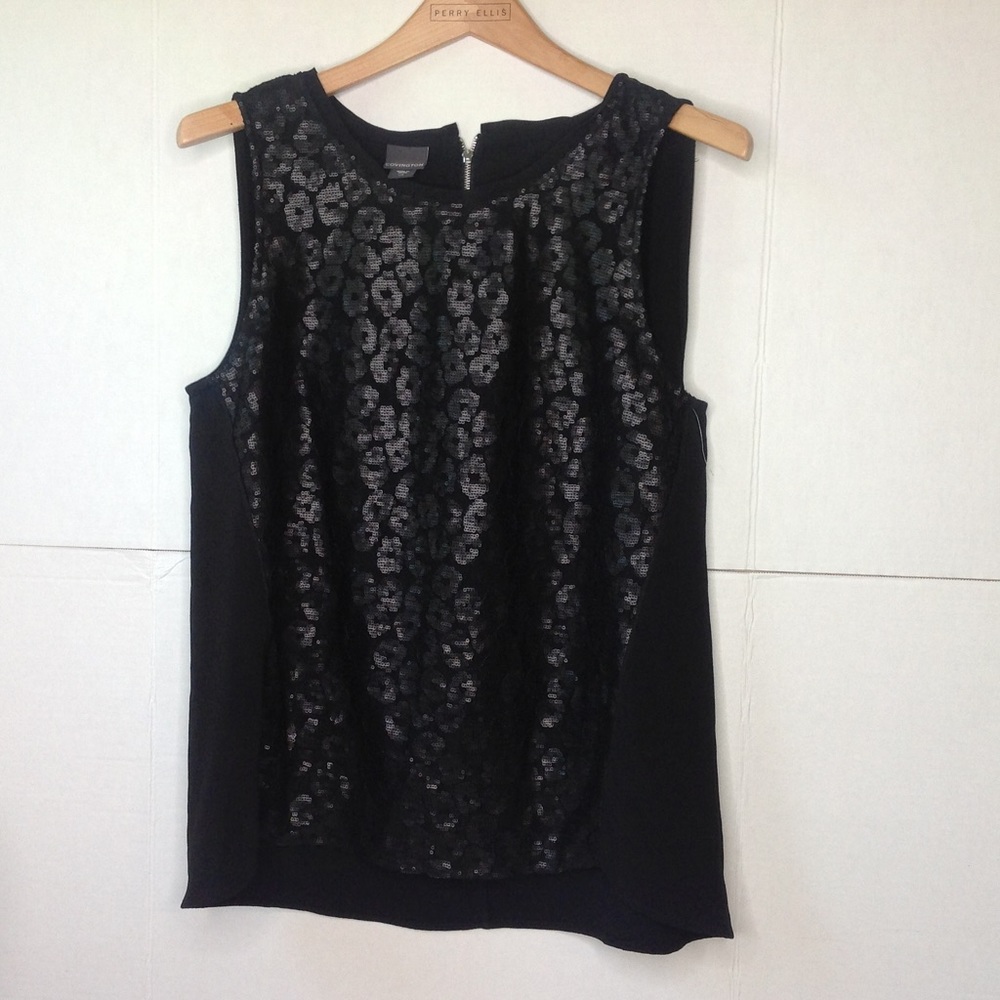 Covington Black Sequin Top Sleeveless Net Tank